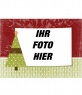 Weihnachtskarte mit Ihrem Foto Weihnachtsbaum individuell geschmückt mit grünen und braunen Streifen Stern auf der Spitze des Baldachins aus Kiefernholz. Hintergrund der grünen Gras und weißen filigranen Granat Himmel.