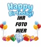 Fotomontage zu machen Ihr Foto zum Geburtstag. Die Zusammensetzung Ihnen alles Gute zum Geburtstag in blau. Die Karte ist mit bunten Luftballons und Geschenken geschmückt.