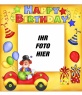 Postal cumpelaños zufrieden mit Clown und Luftballons. 
