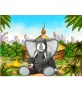 Setzen Sie ein Gesicht auf dieses Kind wie ein Elefant gekleidet. Im Hintergrund ziehen und afrikanischen Einstellung gibt es eine Hütte.