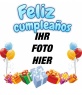 Fotomontage als Geburtstagsgeschenk Grußkarte. Foto begleiten Ihr mehrere Geschenke und Luftballons, zusammen mit einem happy birthday in hellblau.