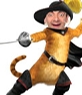 Legen Sie die gewünschten Gesicht dieser gestiefelte Kater aus dem Film Shrek.Fotomontage, in der er erscheint mit seiner gewohnten Folie und schwarze Kleidung weiß ataque.Fondo Position.