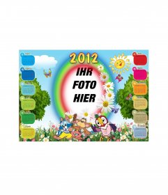 Calendario del 2012 personalizable con tu foto, con marco con forma de arco iris, un sol, margaritas y 