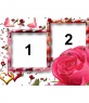 Rahmen für zwei Fotos mit Motiven der Liebe, wie Schmetterlinge, Rosen und Herzen. Weißer Hintergrund, vorherrschende Farbe pink. 