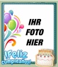 Fotomontage einfache Bearbeitung, kostenlose Web, um eine Grusskarte. Es ist ähnlich wie ein Rahmen für digitale Fotografie, Sie wollen alles Gute zum Geburtstag mit blauen Buchstaben, Ballons und einen Geburtstagskuchen mit Kerzen.