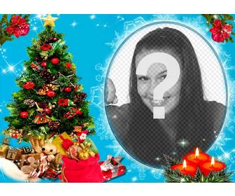 ihr foto in einem kreisformigen rahmen neben einem weihnachtsbaum voller geschenke und hinter drei kerzen gezogen blauer hintergrund mit glitzer-effekte