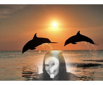Collage mit Ihrem Foto und Delfine im Meer zu springen.