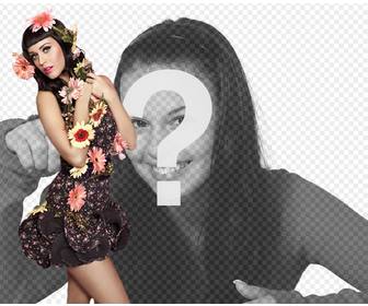 fotomontage mit der sangerin katy perry mit blumen und pinup-stil mit schwarzen kleid und schwarzen haaren mit knall