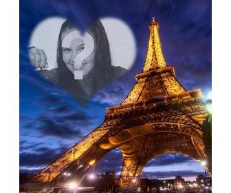 fotomontage in paris mit dem beleuchteten eiffelturm und einem halbtransparenten herzformigen bilderrahmen in den himmel um das foto zu platzieren