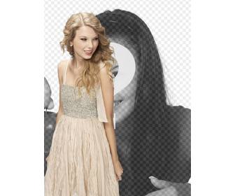 fotomontage mit taylor swift in einem hellen kleid mit ihr in einem foto erscheinen und fertigen sie mit text