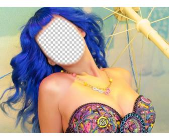 fotomontage von katy perry mit blauen haaren zu halten sie ihr gesicht