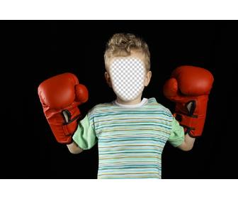 fotomontage mit einem kind mit boxhandschuhen ihr bild auf seinem gesicht zu setzen