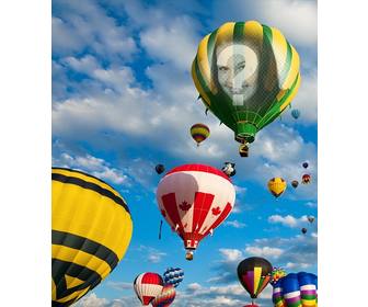 fotomontage mit bunten luftballons fliegen in den blauen himmel wo sie ein foto auf dem stoff von einem der ballons setzen konnen