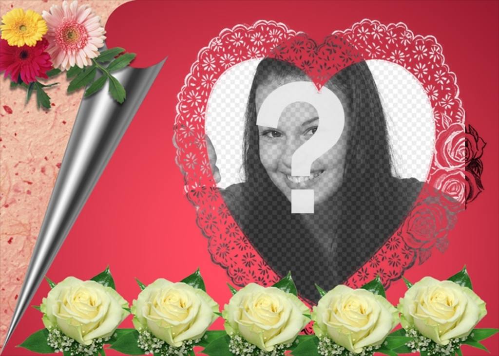 Fotomontage aus einem romantischen rosa in Ihrem Foto erscheint in einem herzförmigen Rahmen von Blumen und Geschenkpapier begleitet. Ideal für Liebhaber. Zum Senden von E-mail diese..