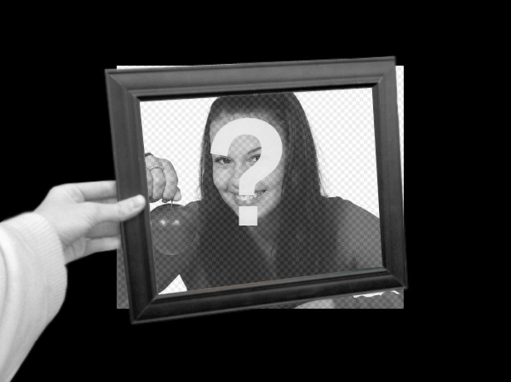 Neugierig Fotomontage, in der Ihr Foto als schwarzen und weißen Hintergrund und in den Bilderrahmen von einer Hand, Box Farbe..