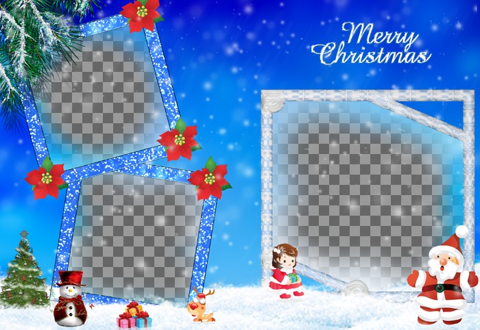 Weihnachtskarte, in der wir gehören drei Fotografien. Er bezieht sich auf die Geschenke vom Weihnachtsmann und zeigt den Weihnachtsbaum, ein Schneemann und blauen Rahmen mit Glitzer-Effekt mit roten Pflanzen..