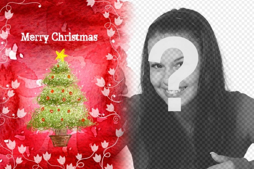 Begrüßt die Feiertage mit diesem Bilderrahmen rotem Hintergrund, die einen Weihnachtsbaum und weißen Reben..