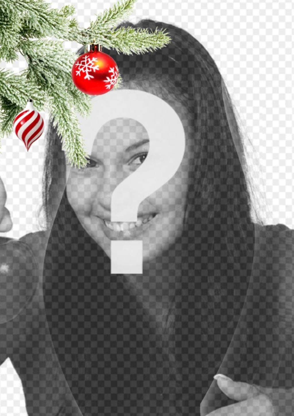 Postkarte / Weihnachts-Bilderrahmen wo Sie ein Bild. Auswirkung der verbesserten Kurven auf schwarzem Hintergrund. Im Vordergrund sehen wir einen Weihnachtsbaum Zweig hängend mit zwei Kugeln, eine in der Form von Eis oder Tornado, ist weiß und rot Spiralen, ist kugelförmig..