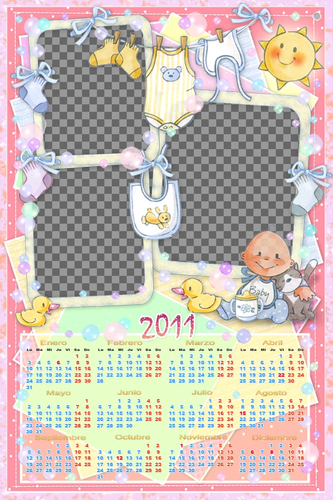 Anpassbare Kalender mit 3 Fotos von 2011. Speziell für Mädchen, die von der überwiegend rosa. Sehen Sie ein Baby blauen Kleid und Kinderkleidung zwischen Seifenblasen und eine lächelnde Sonne..