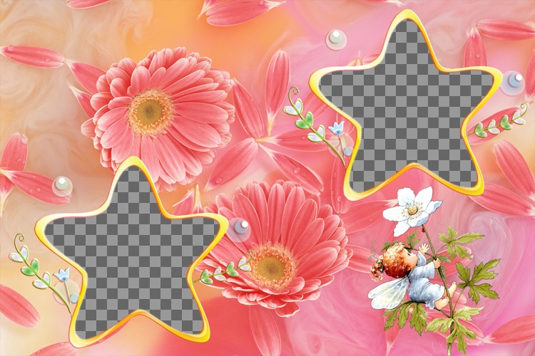Feld für zwei Fotos mit sternförmigen Blumen und Pastellfarben. ..