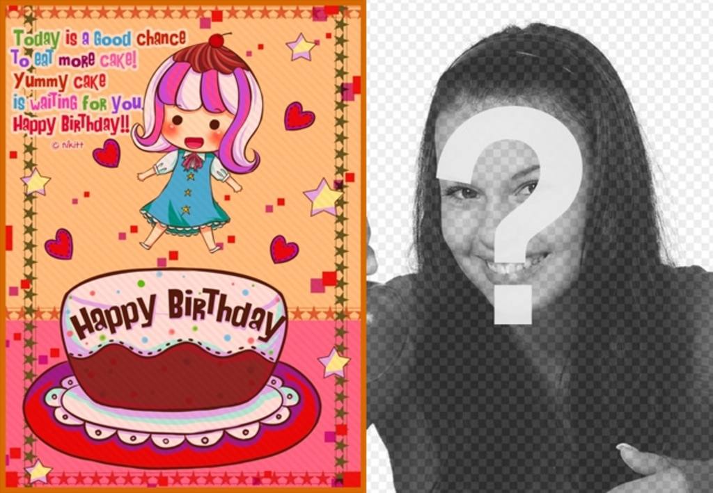 Geburtstagskarte für Kinder. Mit einem Bild von einem Mädchen mit einem Kuchen, Herzen und..