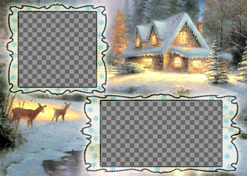 Weihnachtskarte Laden, wo man zwei Bilder, verschneiten Dorf Hintergrund und ein Reh stellen..