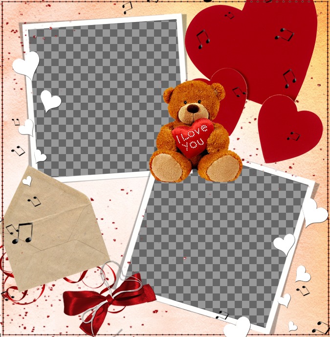 Postkarte zu tun für zwei Fotos online, mit Dekoration eines Teddybären, Herzen und..