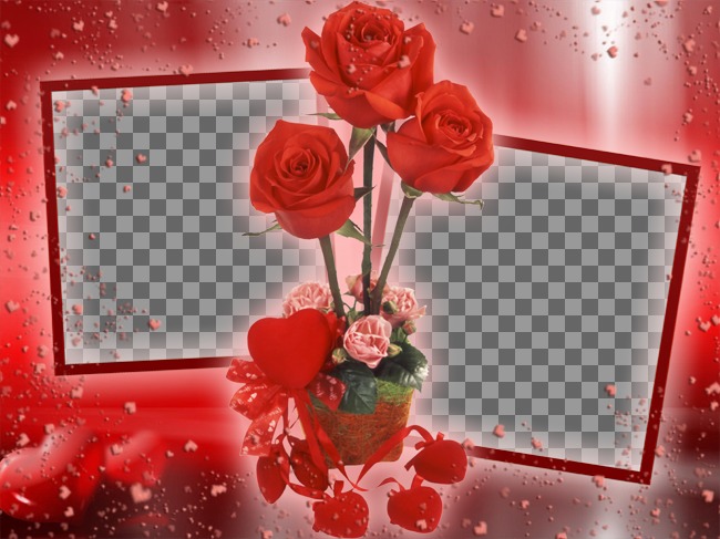 Photo Frame, wo Sie zwei Bilder, die von einigen Rosen gebunden erscheinen setzen können. rotem Hintergrund mit..