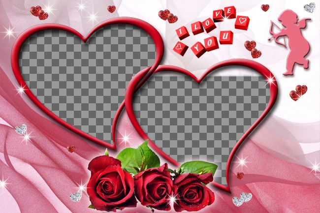 Montage von zwei Fotos Herz mit Rosen und rosa Hintergrund..