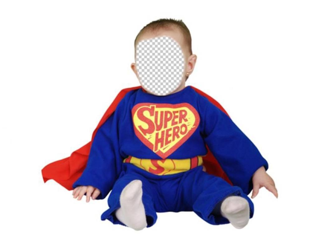 Dress up Ihr ​​Baby mit dieser Ausschreibung Fotomontage der blauen Superheld mit roten Umhang. ..