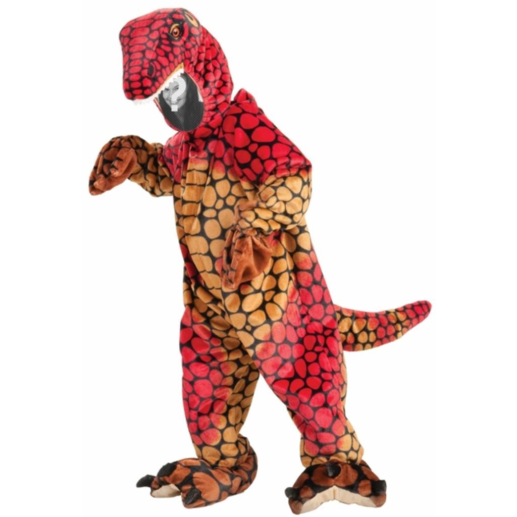 Erstellen Fotomontagen mit diesem Foto eines Kindes in einem orange Dinosaurier gekleidet. ..