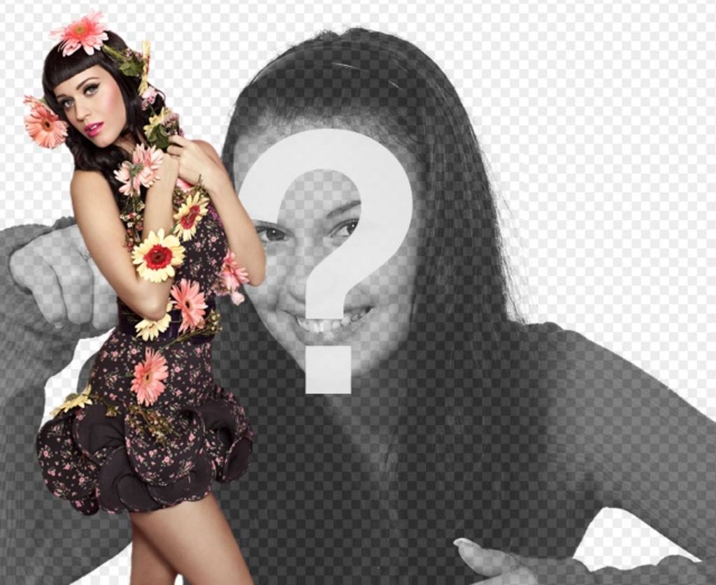 Fotomontage mit der Sängerin Katy Perry mit Blumen und Pinup-Stil mit schwarzen Kleid und schwarzen Haaren mit..