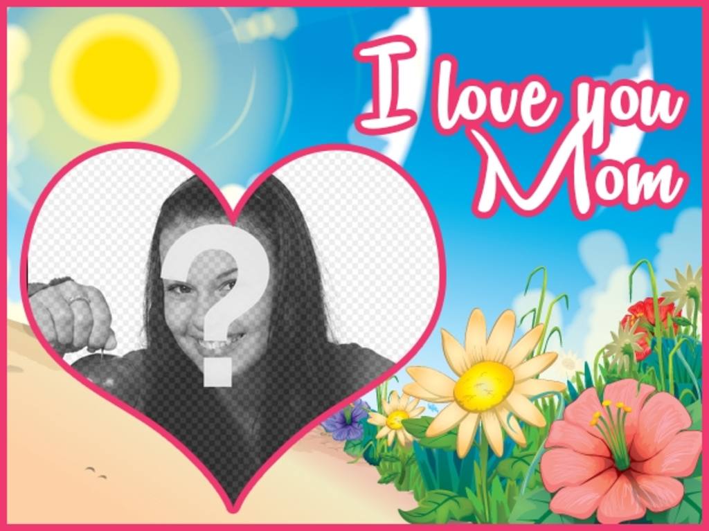 Muttertag Postkarte individuell mit einem Foto und einem Text mit dem Satz "Ich liebe dich Mama" auf einer bunten Landschaft..