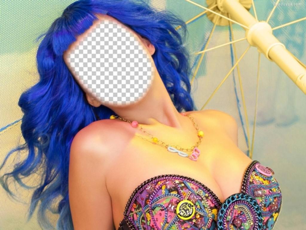 Fotomontage von Katy Perry mit blauen Haaren zu halten Sie Ihr Gesicht ..