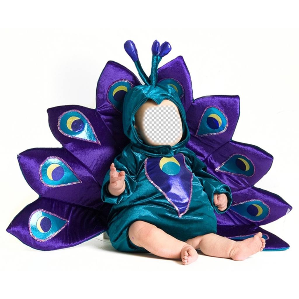Fotomontage eines Babys wie ein Pfau gekleidet mit einem Foto ..