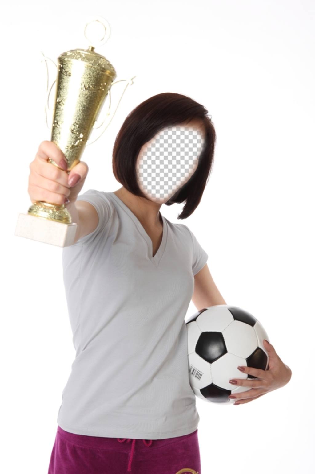Fotomontage mit einem Mädchen, Fußballspieler eine Trophäe und einen Fußball hält ..