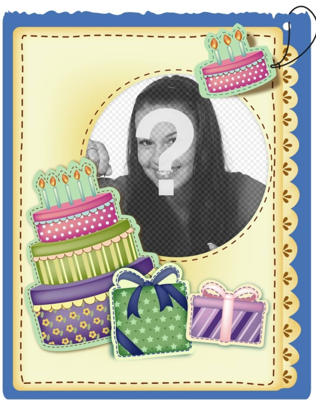 Geburtstagskarte mit Kuchen und Geschenke Aufkleber Effekt setzen Sie das Bild und die Worte der Begrüßung, das Sie..