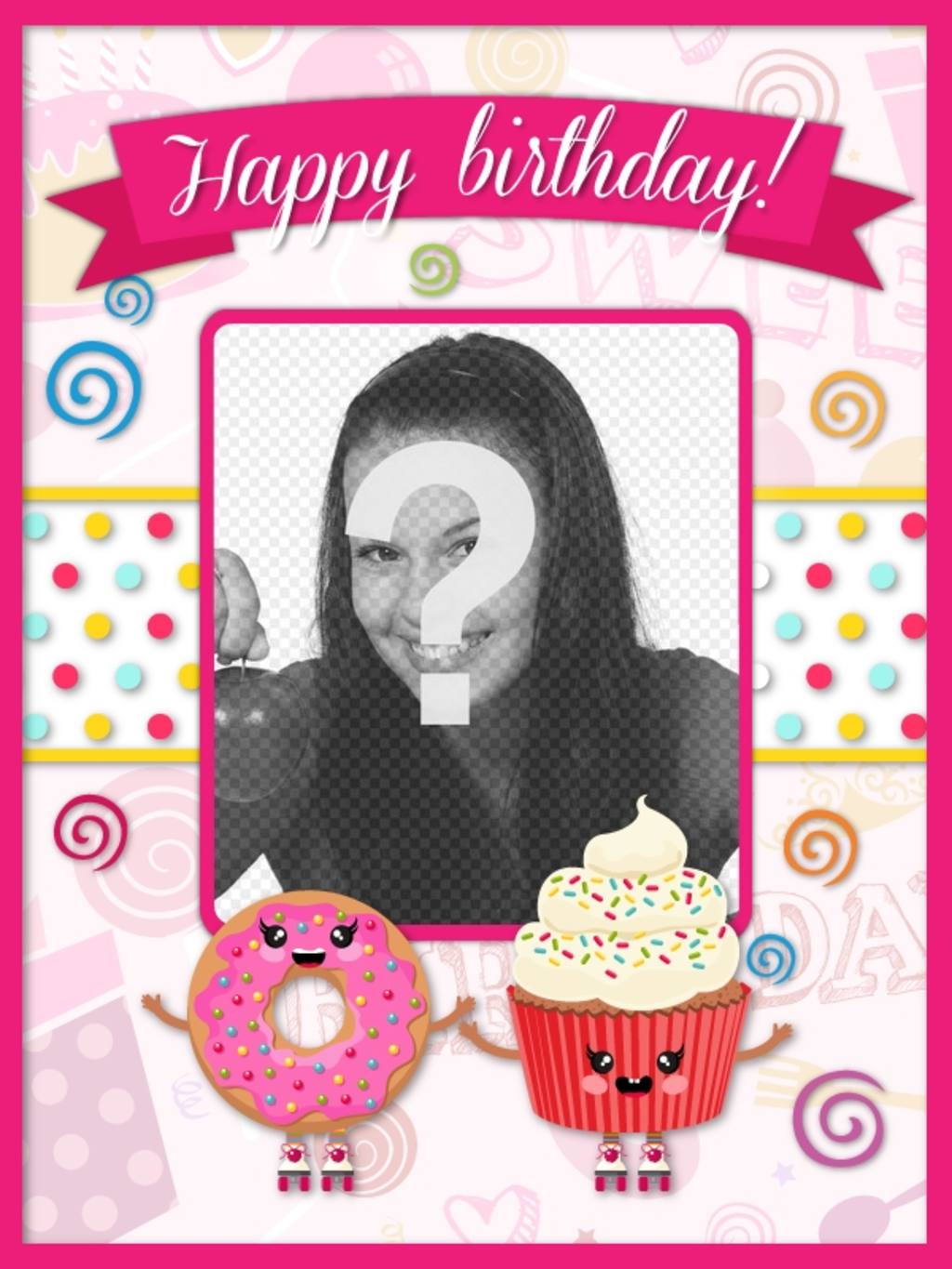 Anpassbare Geburtstagskarte mit rosa kawaii Zeichnungen dekoriert und Cupcakes mit lächelnden..