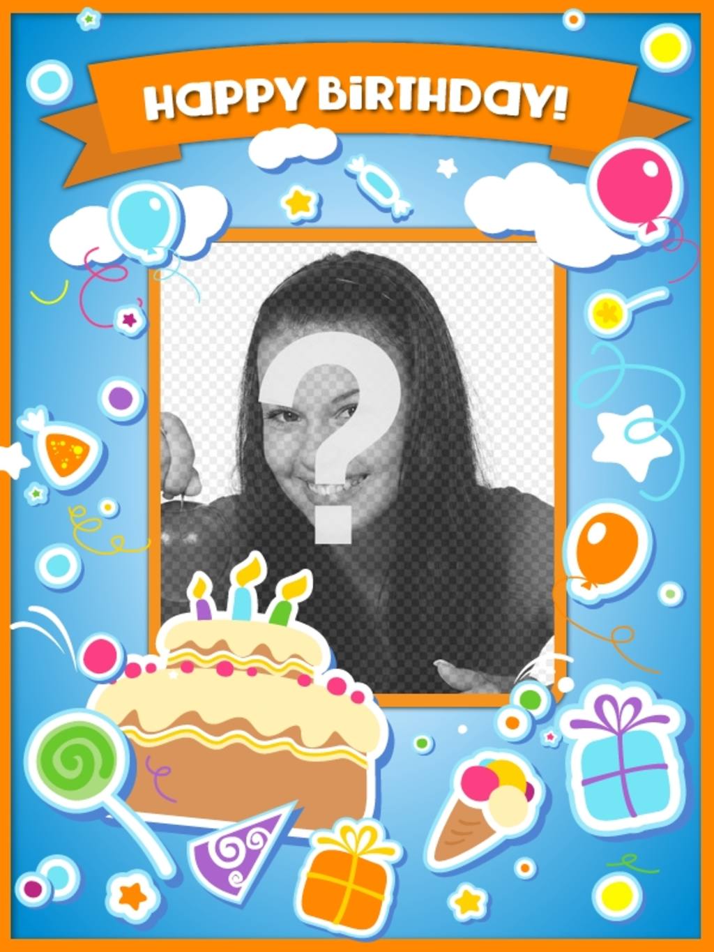 Geburtstagskarte, um den Geburtstag zu gratulieren und legte ein Bild online mit einem Kuchen, Luftballons und Geschenke mit Aufkleber..