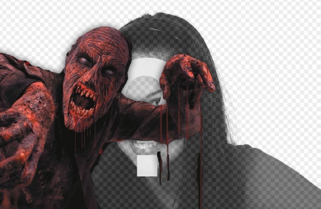 Fotomontage auf eine rote blutige Zombie in einem Foto und Text hinzufügen..