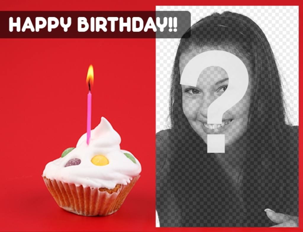 Erstellen Sie eine Geburtstagskarte mit dem Foto, das Sie mit einem roten Hintergrund wollen und einen kleinen Kuchen mit einer Kerze auf einer Seite. ..