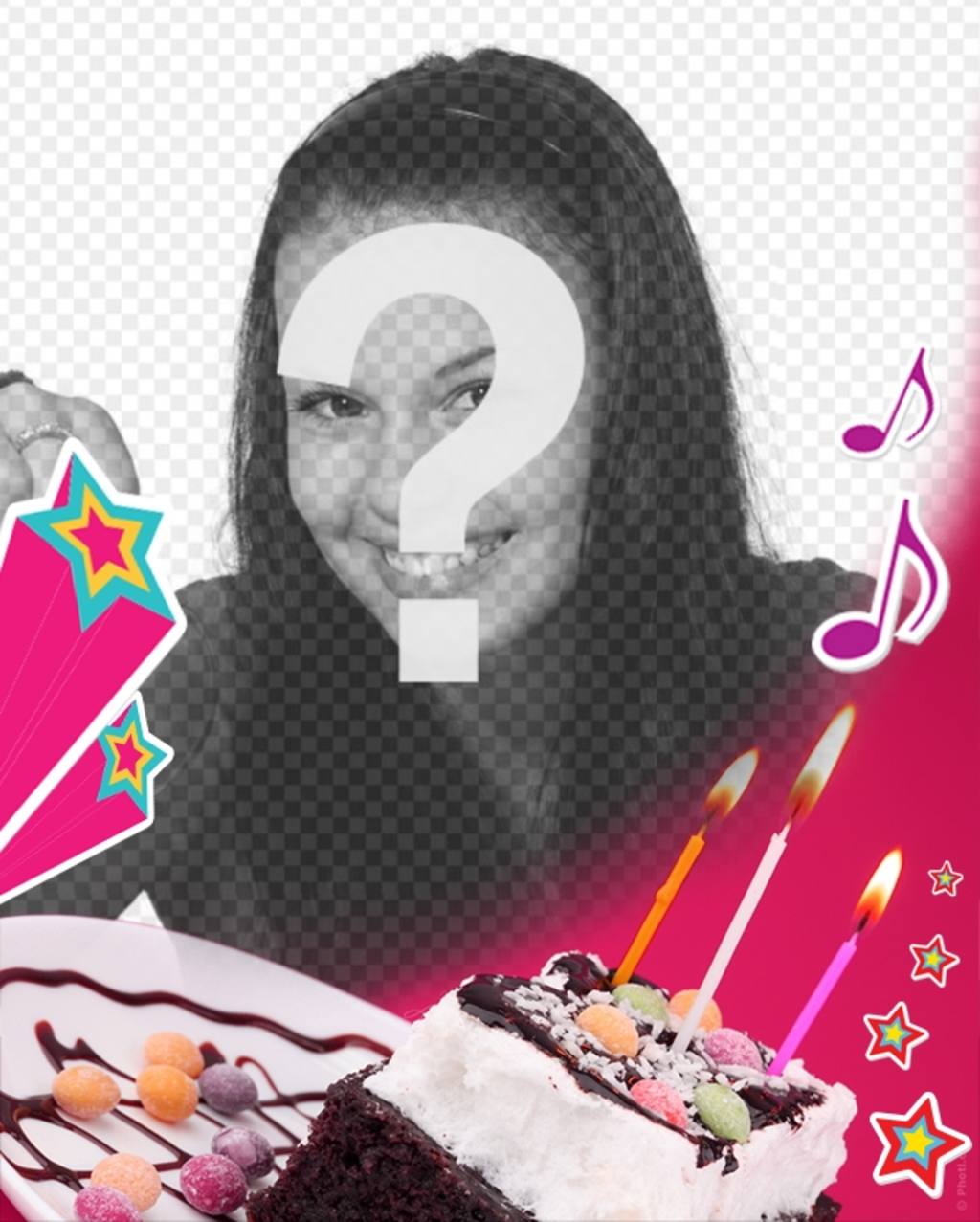 Geburtstagskarte, wo Sie ein Bild hochladen mit einem rosa Hintergrund, ein Kuchen mit Kerzen, Sternen und..