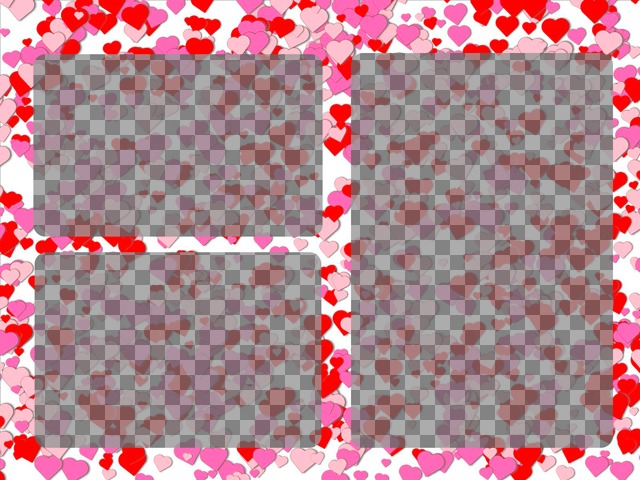 Bilderrahmen für 3 Fotos der Liebe mit kleinen roten Herzen und Rosen auf weißem..