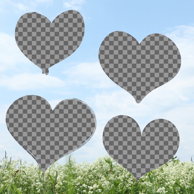 Erstellen Sie eine Collage der Liebe mit Herzen mit Fotos Ihrer Wahl auf einem Hintergrund mit einem Foto einer Landschaft mit einem blauen Himmel und einem Feld von..