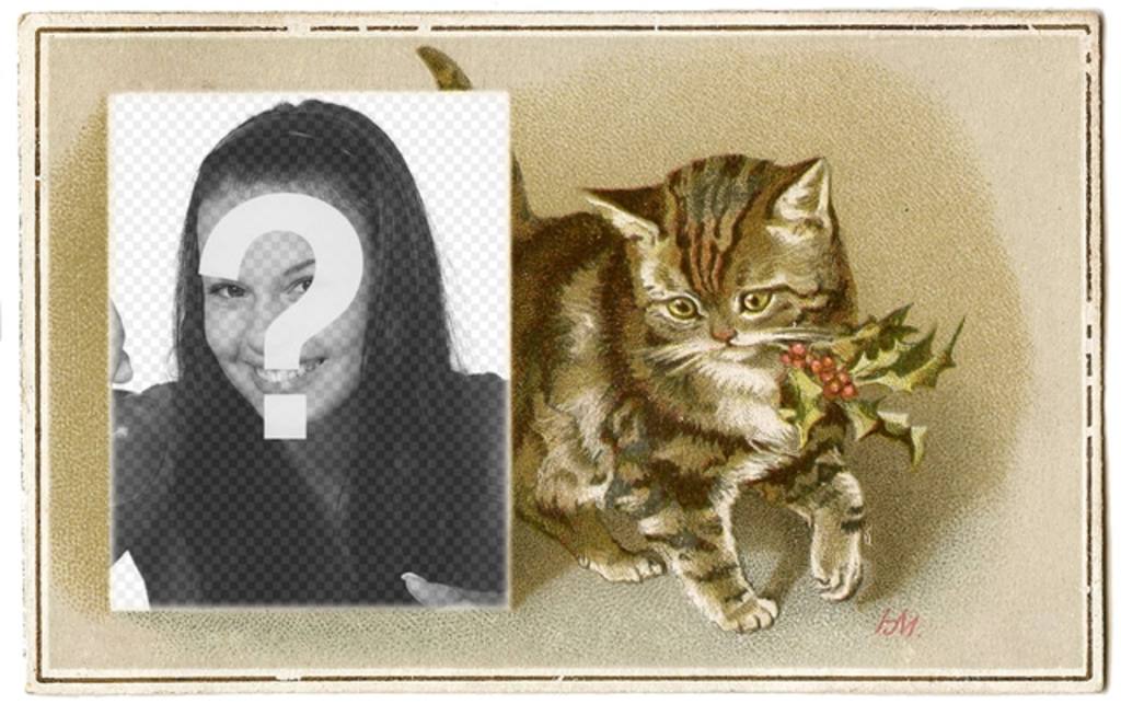 Weihnachtskarte mit Vintage-braune Katze mit einer Stechpalme in den Mund und einem Kasten, in dem ein Foto zu platzieren..