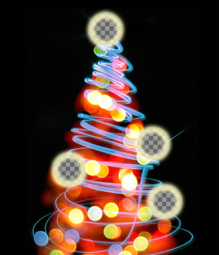 Fotomontage Weihnachtsbaum, wo man vier Bilder auf den beleuchteten Kugeln..