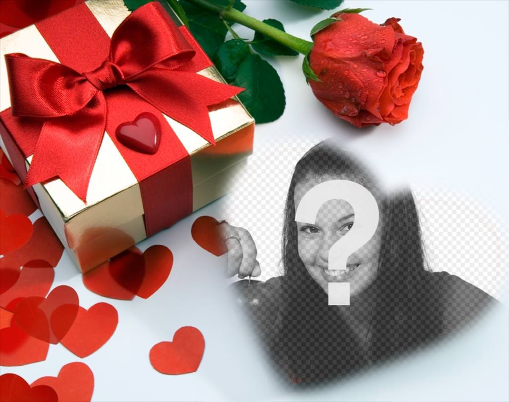 Lovecard in denen Theres ein Geschenk, Herzen und eine Rose. Sie können Ihr Bild in einem Herz..