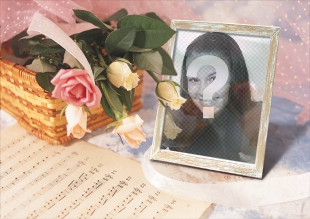 Rahmen für die Fotos online, wo können Sie Ihr Bild in einem Bilderrahmen mit einem Korb mit Rosen und einer Partitur..