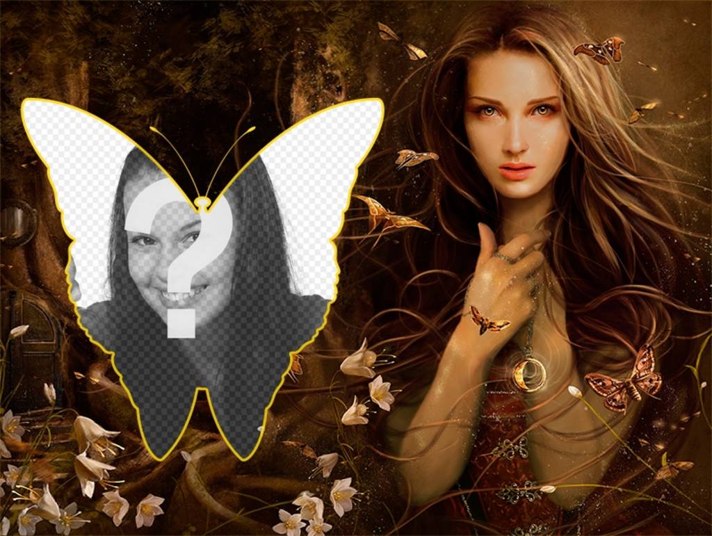 Collage romantische voller Schmetterlinge und Glocken, mit einem Mädchen im Wald. ..