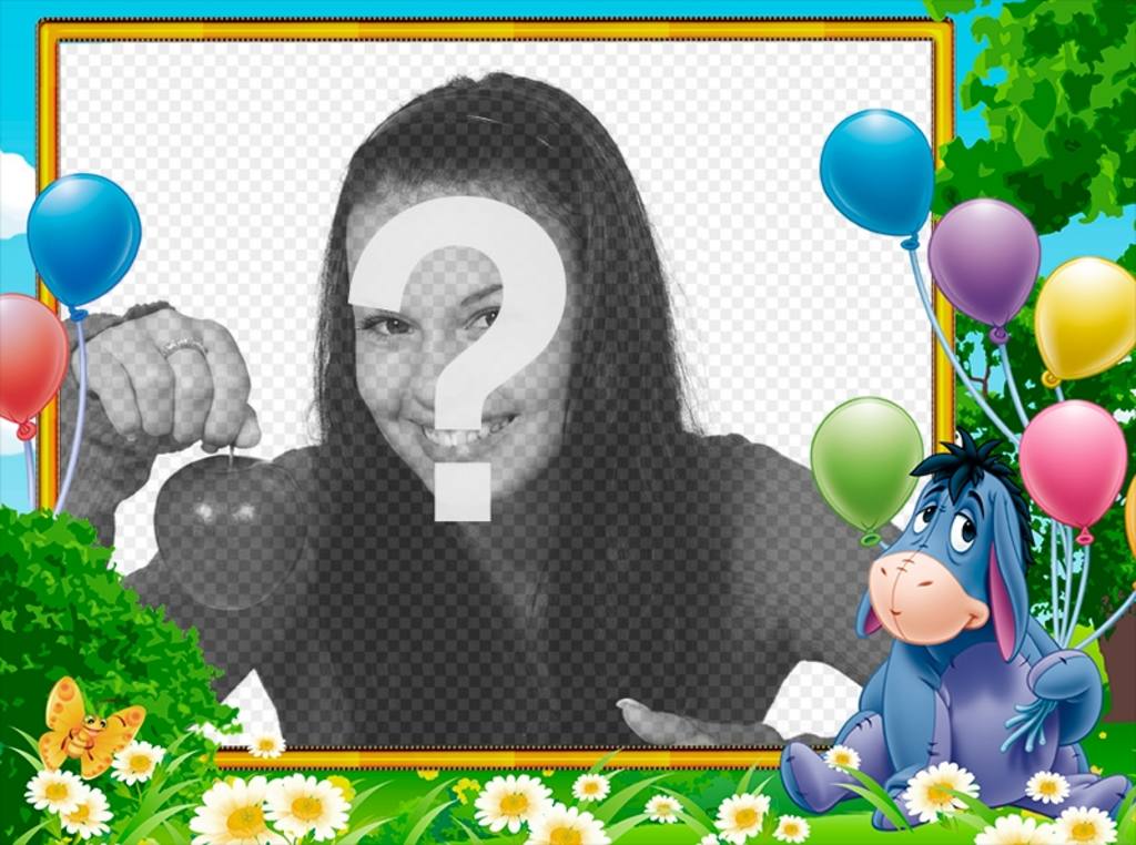Geburtstag-Rahmen für Kinder mit Igor, dem Esel von Winnie the Pooh mit Ballons über Ihrem Foto. ..
